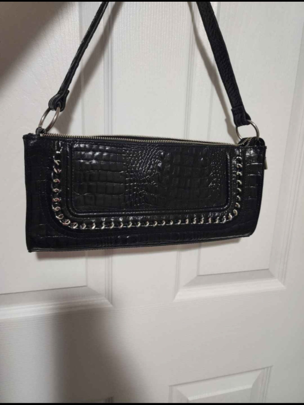 Black Croc-Embossed Chain Trim Wristlet Clutch